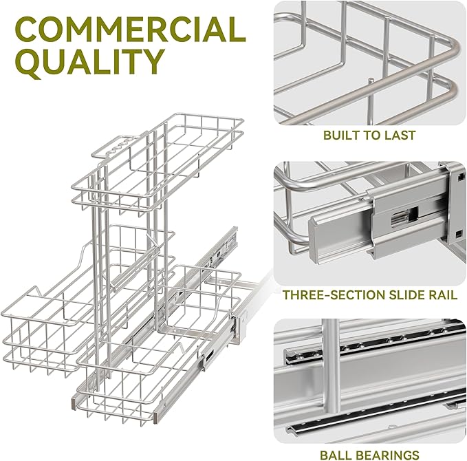 2 Tier Under Sink Organizer 11" W X18 D, Pull Out Cabinet Organizer One Removable Basket, Under Sink Slide Out Chrome Plated,