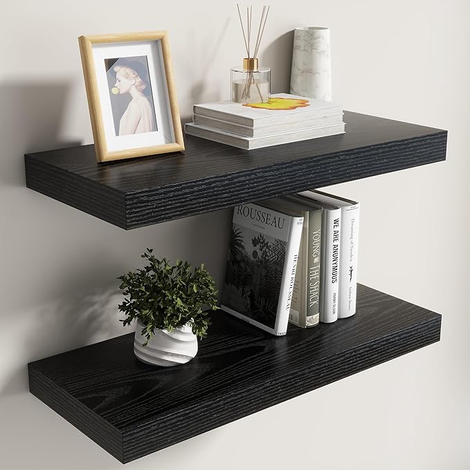 Dreamland Black Floating Shelves for Wall,8 Inch Deep Floating Shelves,24" W x 8" D Wall Shelves for Bedroom,Living Room, Kit