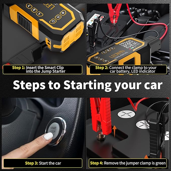 Jump Starter with Air Compressor, Battery Jumper Starter Portable(9.0 Gas/6.5L Diesel) with Tire Inflator, 12V Car Battery Jump Starter with Smart Jumper Cables, LED Light, LCD Display