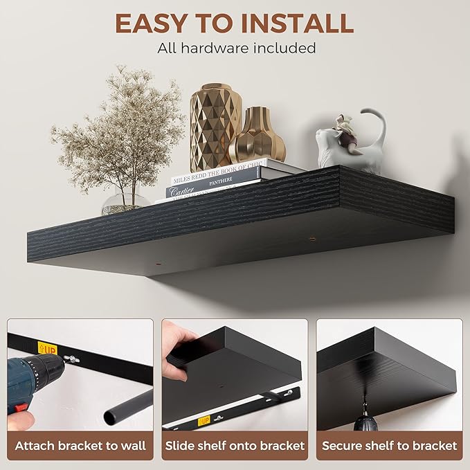 Dreamland 40 Inch Black Floating Shelves for Wall,8 Inch Deep Floating Shelves,40" W x 8" D Wall Shelves for Bedroom,Living R
