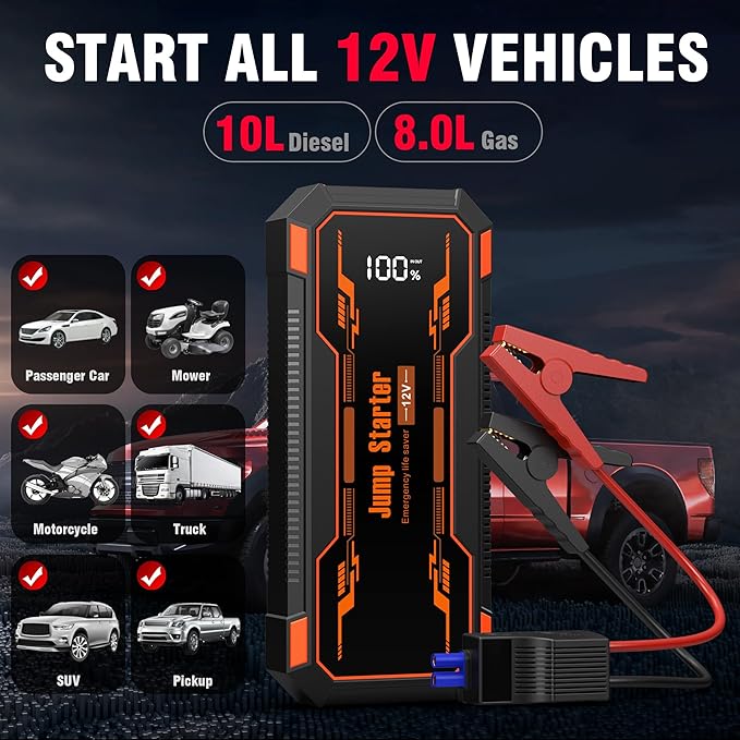 Car Jump Starter 6000A Car Battery Jump Starter Portable,12V Battery Jumper Starter Portable(10.0L Gas/8.0L Diesel),LCD