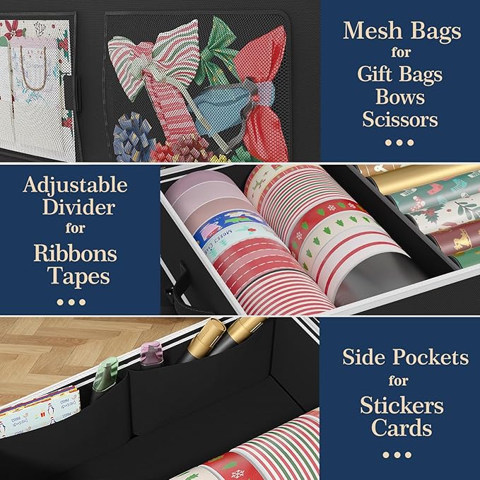 GoMaihe Wrapping Paper Storage with Wheels Fits 41" Gift Wrap Papers Storage for Ribbon Accessories with Pockets Dividers Bla