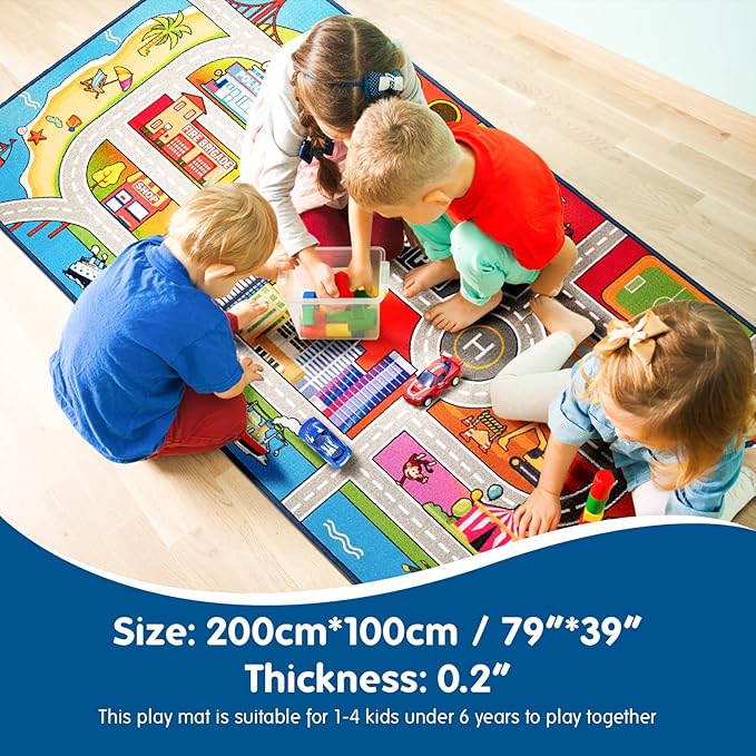 Booooom Jackson Kids Car Rug 39x79 inch, Car Mat for Kids Toy Cars,Road Carpet Playmat Rug,Buildings Parking Helipad Printed 