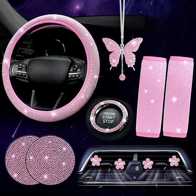 ARTILAURA 11 PCS Bling Car Accessories Set for Women Steering Wheel Covers Butterfly Hanging Seat Belt Cover Air Vent Clips Coasters Cute Glitter Diamond AUTO Accessories Kit (Pink)