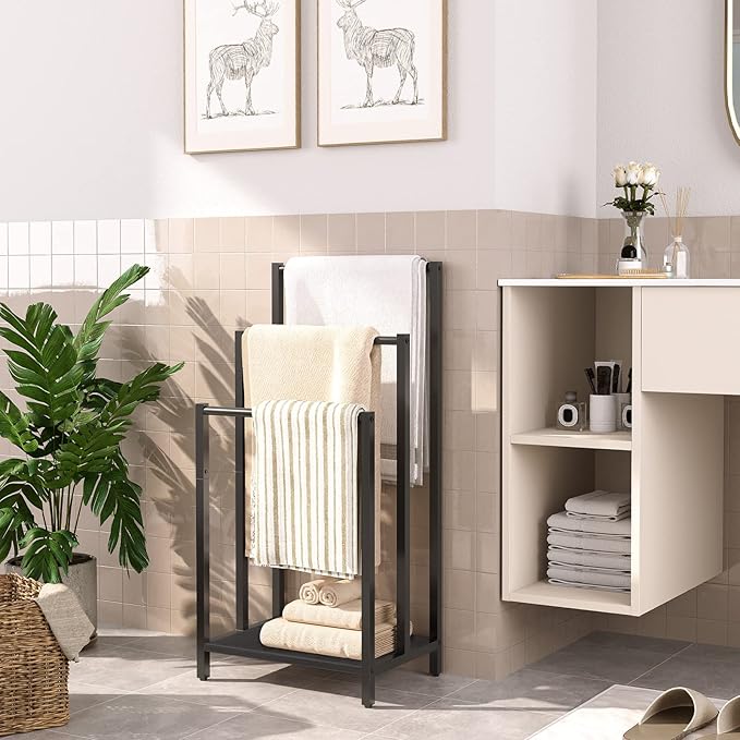 HOOBRO Free Standing Towel Rack, 3 Tier Blanket Rack, Blanket Holder for Bathroom, 16.9" L x 11" W x 31.9" H, Industrial Meta