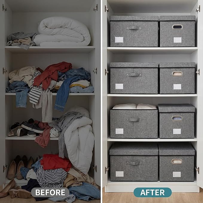 PRANDOM Storage Bins with Lids [3-Pack] Linen Fabric Foldable Storage Boxes Organizer Containers Baskets Cube with Cover for 