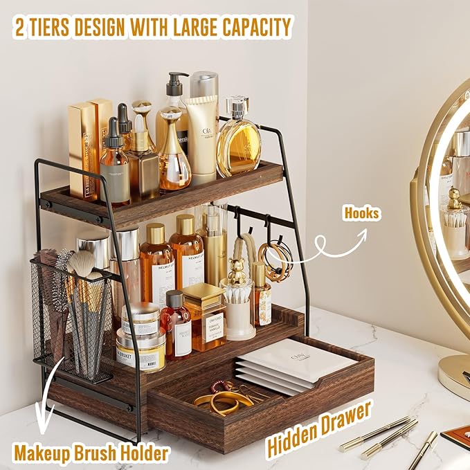 2-Tier Bathroom Counter Organizer with Drawer & Removable Basket, Wood & Metal Vanity Organizer for Skincare, Makeup, Perfume