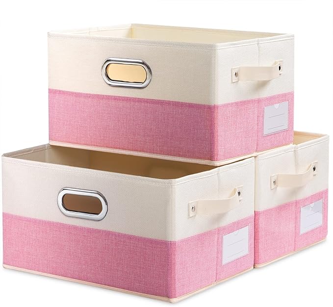PRANDOM Large Collapsible Storage Baskets for Closet [3-pack] Decorative Fabric Storage Bins Cubes with Leather/Metal Handles