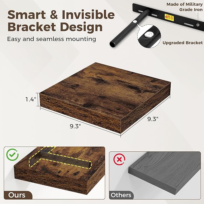Fun Memories Square Floating Shelves for Wall, 9.3" W x 9.3" D x 1.4" H, Shelves for Wall with Invisible Brackets, Small Wood