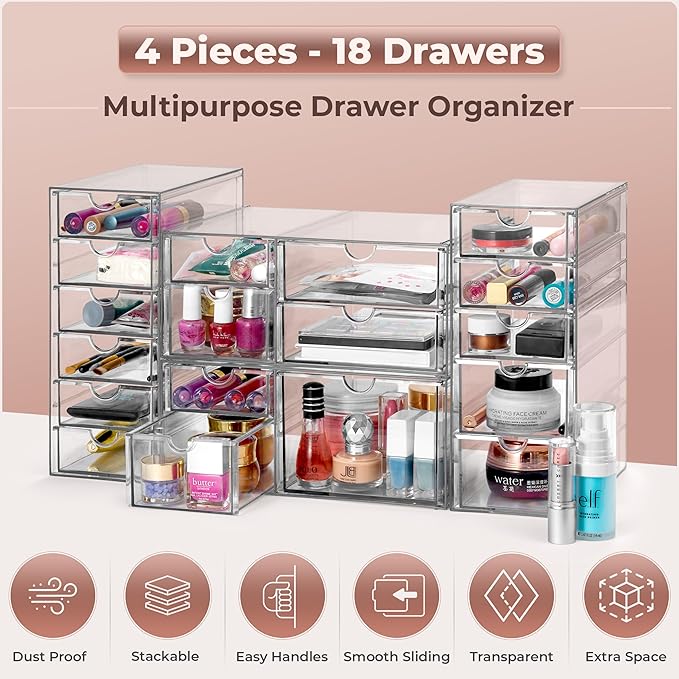 Sorbus Makeup Organizer With 18 Drawers, Acrylic Drawer Organizer for Makeup, Office Organization and Storage, Art Supplies, 