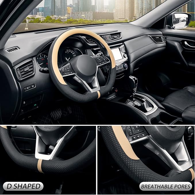 SEG Direct Flat Bottom Steering Wheel Cover Breathable, D Shaped Car Wheel Cover 14 1/2-15 in. (37-39 cm), Black Beige Microf