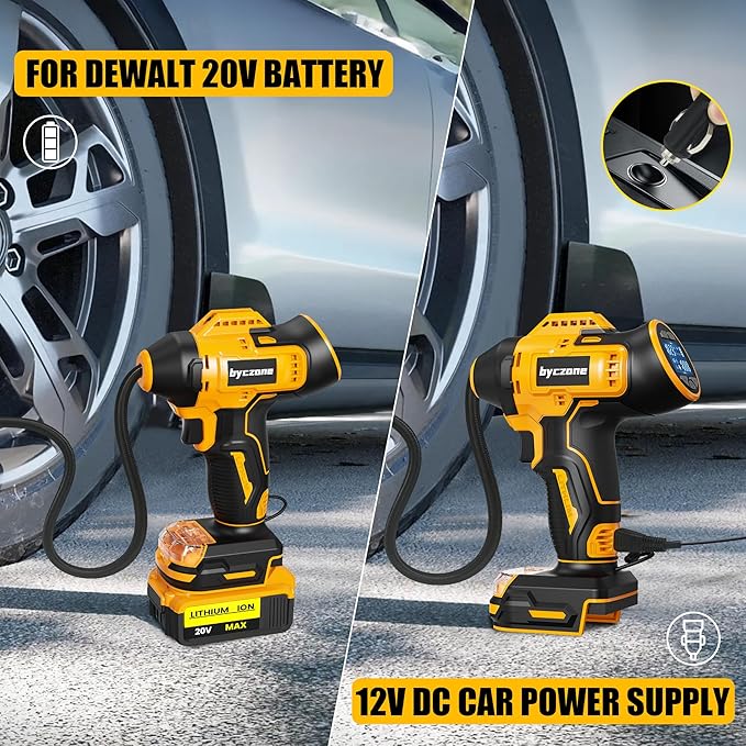 Tire Inflator Compatible with Dewalt 20V Max Battery, 160 PSI Cordless Air Compressor With 12V DC Car Adapter,LCD Digital Pressure Gauge for Car, Bike, Sport Ball (No Battery)