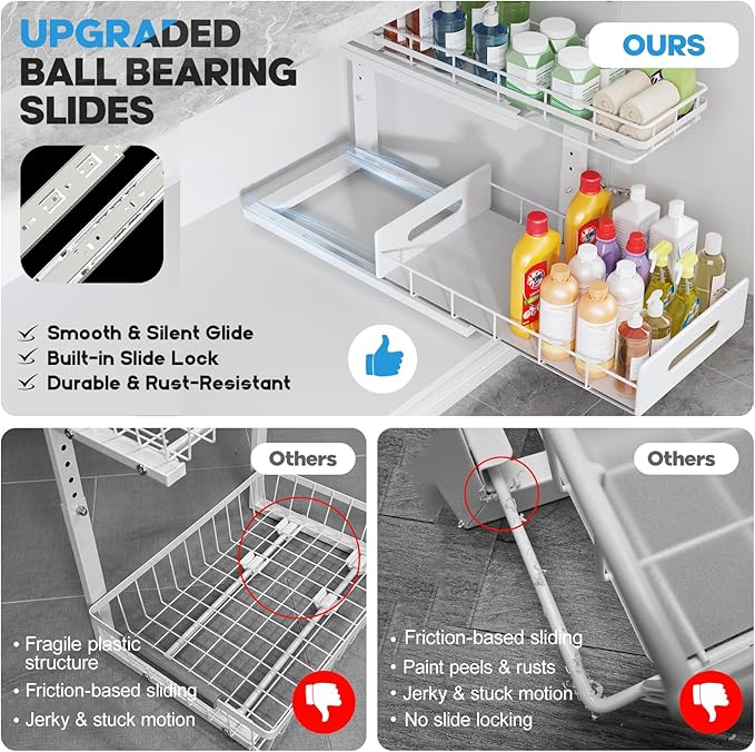 Under Sink Organizer Upgrade To Professional Rails,2-Tier Dual Pull Out Cabinet Storage,Height Adjustable Slide Out Drawers F