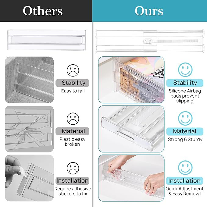 Vtopmart 12 Pack 4" Regular Upgrade Drawer Dividers for Clothes, 12.8"-22.3" Expandable Dresser Drawer Organizer, Clear Plast
