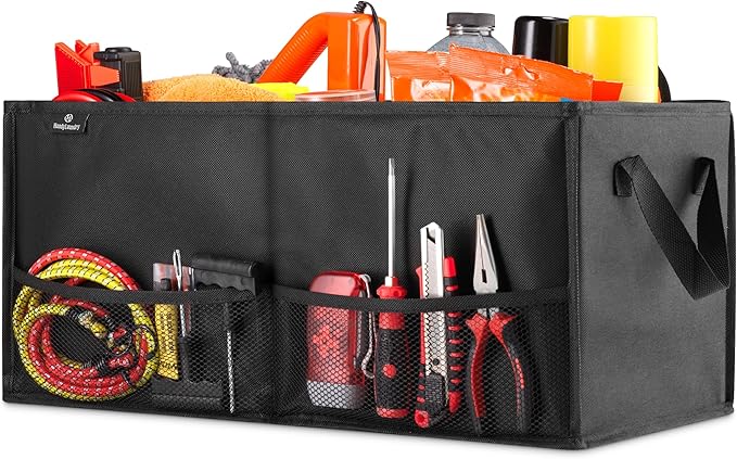 Handy Laundry Car Trunk Organizer - Large 2 Compartment Storage Bin with Non-Slip Fastener, Mesh Side Pockets & Heavy-Duty