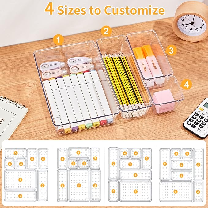 SMARTAKE 28 Piece Drawer Organizers with Non-Slip Silicone Pads, 4-Size Desk Drawer Organizer Trays Storage Tray for Makeup, 