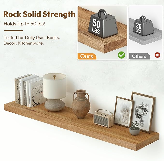 Vivelove Solid Wood Floating Shelves Set of 2, Elm Wood Wall Shelf with Invisible Bracket for Living Room Bedroom Bathroom Of