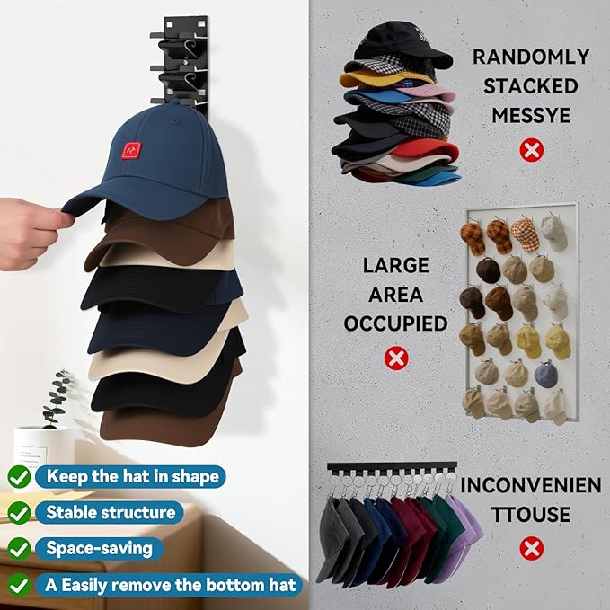 4 Pack Hat Organizer for Baseball Caps, Hat Organizer for Wall Hold up to 36 Hats, Wall-Mounted Hat Display Stand, Hat Rack, 