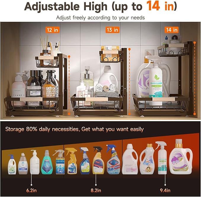 Sevenblue 2 Packs Under Sink Organizer, Height Adjustable 2 Tier Under Kitchen Sink Organizer, Multi-Purpose Storage Shelf fo