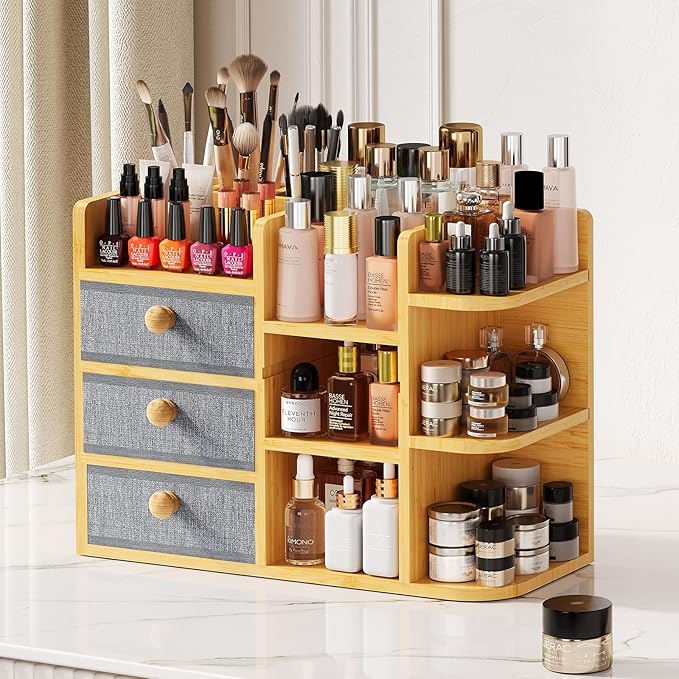 Large Makeup Organizer For Vanity, Large Capacity 3 Tiers Bamboo Bathroom Counter Organizers and Storage, Countertop Makeup B