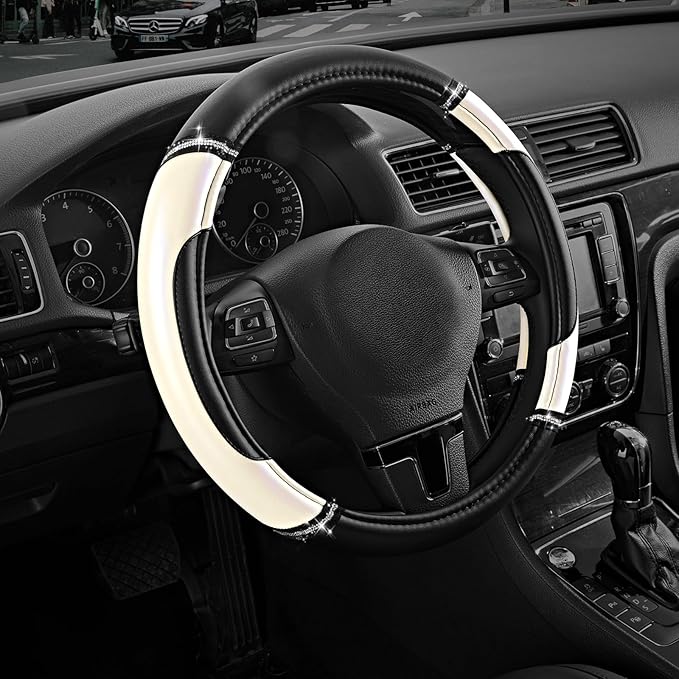 Road Comforts Leather Steering Wheel Cover - Made with PVC Leather - Anti-Slip, Universal Fit 14 1/2 inches to 15 inches - Wh