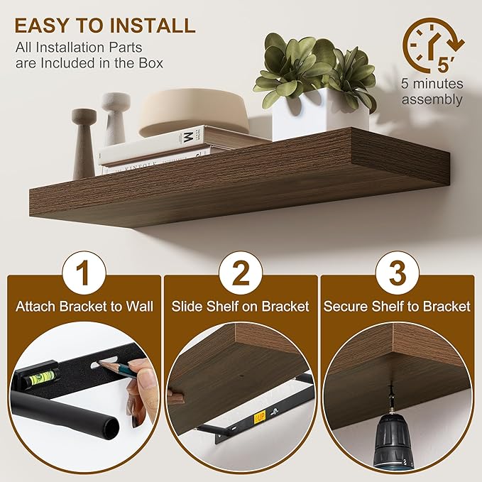 Fun Memories Floating Shelves for Wall, 32Inch Floating Shelves Set of 2, Hanging Shelf with Invisible Brackets, Wood Shelves