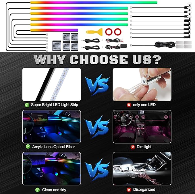 Dreamcolor Acrylic Interior Car LED Strip Light with Wireless APP, Dual Zone RGB 18 in 1 with 175 inches 593 LEDs Fiber Optic Neon Strip Lights for Car, Music Sync Neon Car Ambient Lighting Kits