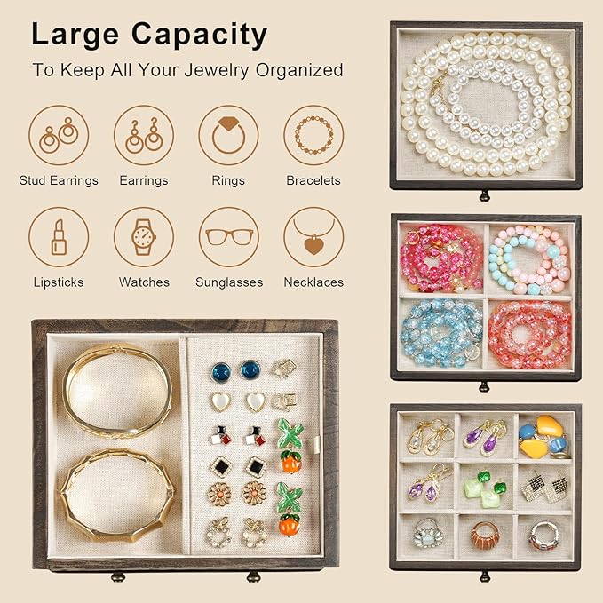 Jewelry Box for Women, Rustic Wooden Jewelry Boxes & Organizers with Mirror & Drawers,6 Layer Jewelry Organizer Box for Rings