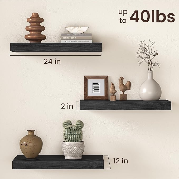 Fun Memories 12 Inch Deep Black Floating Shelf, 24 x 12 Rustic Wood Wall Shelf for Books, 2" Thick Deep Floating Shelf for St