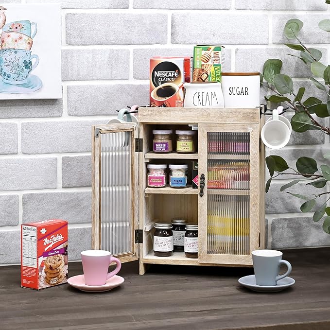 Ikee Design Wooden Countertop Storage Cabinet with Wavy Magnetic Door, Adjustable Shelves, Removable Hooks. Perfect for Perfu