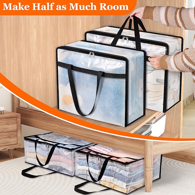 TasticTotes 8 Pack Clear Storage Bags for Comforter, Clothes & Bedding, Plastic Blanket Storage with Zipper and Handle, Movin
