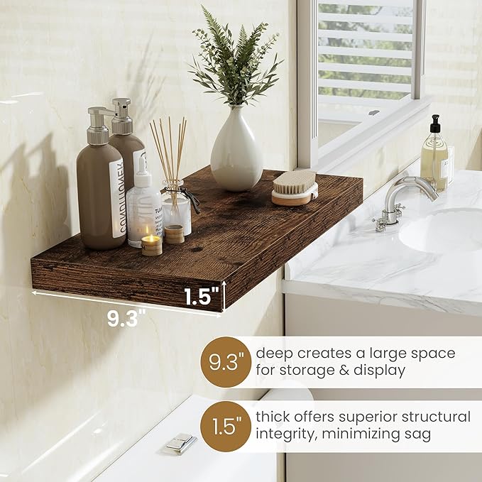 24"W x 9.3"D Floating Shelves for Wall, Wall Mounted Bathroom Shelves 2 Pack Deep Floating Shelf for Bedroom Kitchen Living R