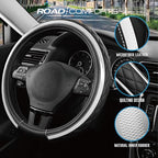 Road Comforts Leather Steering Wheel Cover – Black & Silver, Universal Fit 14.5-15 Inch, Microfiber Leather, Anti-Slip & Brea