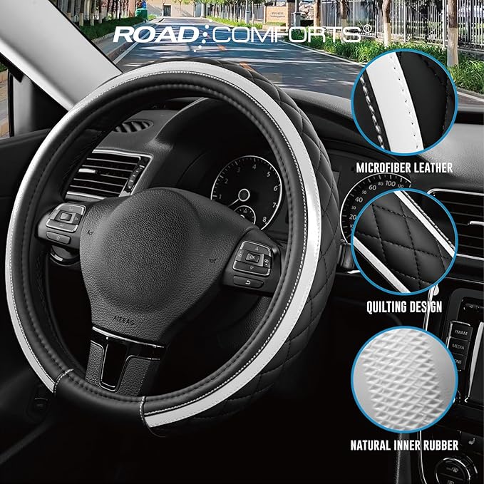 Road Comforts Leather Steering Wheel Cover – Black & Silver, Universal Fit 14.5-15 Inch, Microfiber Leather, Anti-Slip & Brea