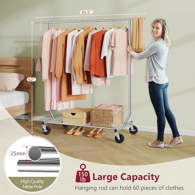 Tajsoon Clothing Rack Heavy Duty Clothes Racks Foldable Garment Rack with Wheels and Extendable Rod, Collapsible Clothing Rac