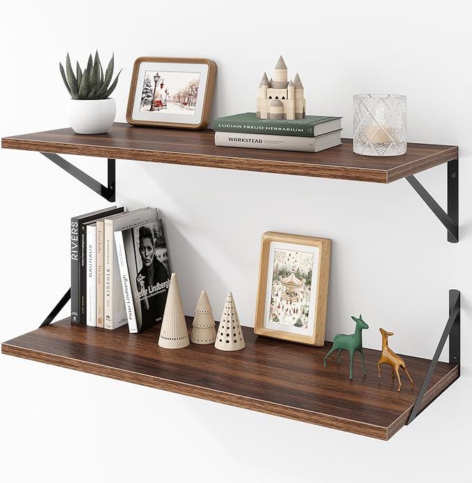 Deep Floating Shelves Wall Mounted, 30"x12" Walnut Wall Shelves with Brackets Set of 2 for Bedroom, Living Room, Bathroom, Ki