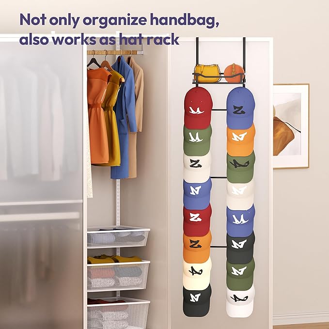 SWTYMIKI Over The Door Purse Organizer - Wall Mounted Purse Rack with 16 Hooks and Metal Basket, Handbag Hanger Organizer Hol