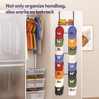 SWTYMIKI Over The Door Purse Organizer - Wall Mounted Purse Rack with 16 Hooks and Metal Basket, Handbag Hanger Organizer Hol