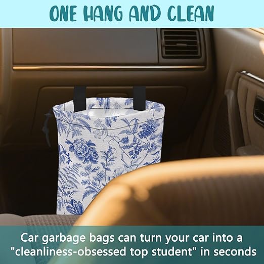Car Garbage Bag Abstract Blue and White Floral Hanging Canvas Car Trash Bag Drawstring Car Back Seat Organizer for Car Back Front Seat Console with Adjustable Buckle