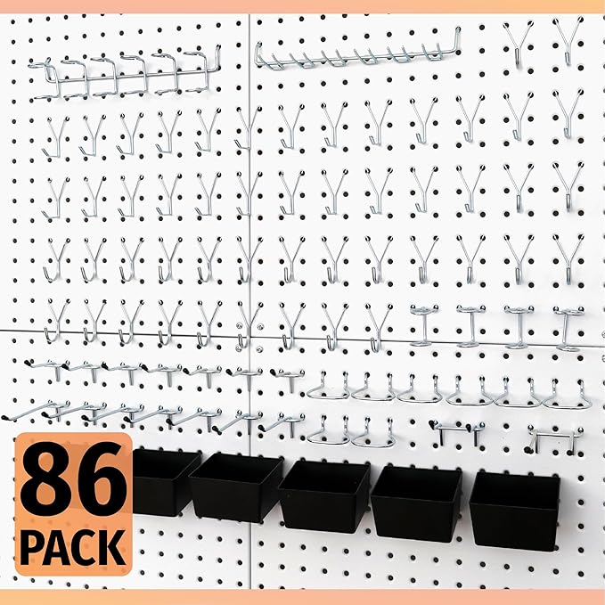 HUHOLE 86 Piece Pegboard Hooks Assortment Kit with Pegboard Bins Garage Tool Organizer Set Fits 1/8 and 1/4 Inch Peg Board Ac