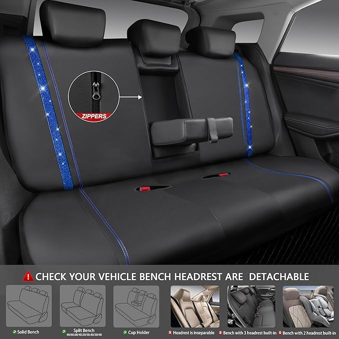CAR PASS Bling Diamond Car Seat Covers Full Set, Shining Rhinestone Waterproof Faux Leather, Rear with Zipper, Universal Fit Automotive Glitter Crystal Sparkle Strips for Cute Women Girl, Blue