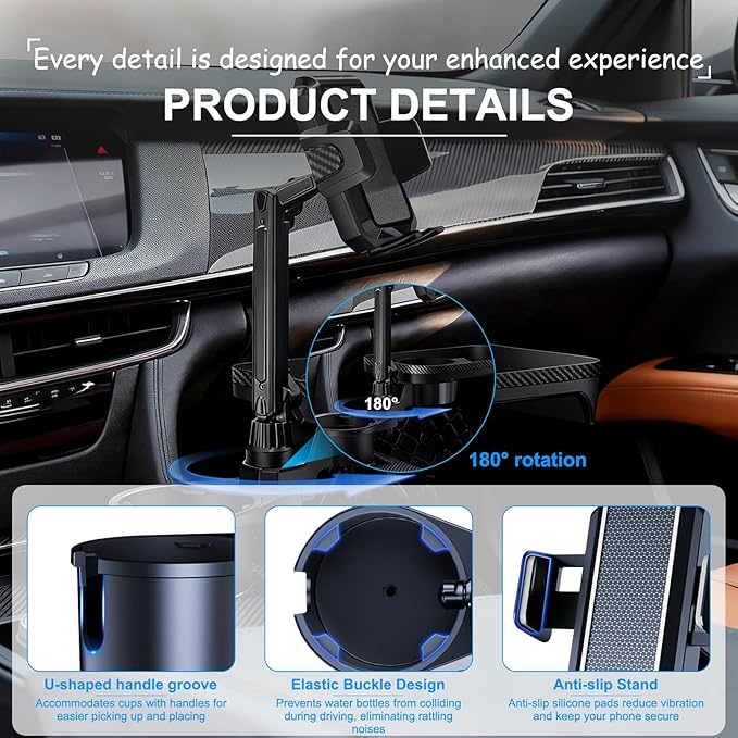 Car Cup Holder Tray, 4 in 1 Drink Holder Expander with Expandable Food Tray Table, for Road Trip Essentials & Daily Commute (