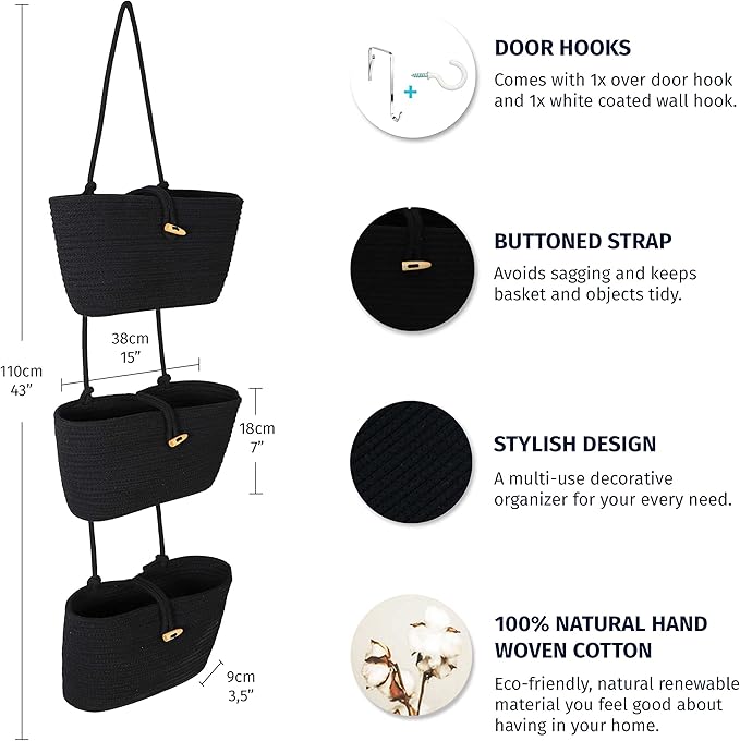 OrganiHaus Black Hanging Wall Baskets for Storage | Hanging Baskets for Bathroom Organizing | Behind Door Storage | Over the 