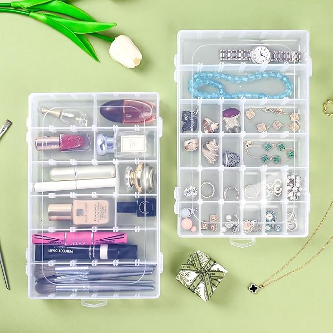 3 Pcs 36 Large Grids Clear Plastic Organizer Box with Adjustable Dividers Craft Organizers Box for Bead,Jewelry,DIY Crafts,Ar