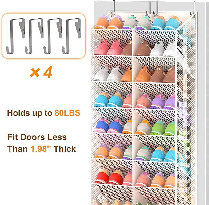 20-30 Pairs Over the Door Shoe Organizer, Breathable Mesh Pocket Hanging Shoe Storage for Closet, 10-Tier Door Shoes Rack, Ha