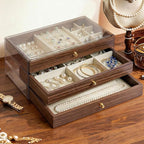 Wooden Jewelry Box for Women, 3-Layer Jewelry Organizers and Storage with 3 Drawers & Velvet Trays, Large Earring Holder, Nec