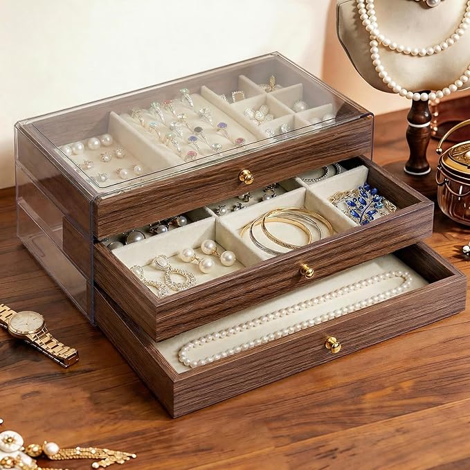Wooden Jewelry Box for Women, 3-Layer Jewelry Organizers and Storage with 3 Drawers & Velvet Trays, Large Earring Holder, Nec