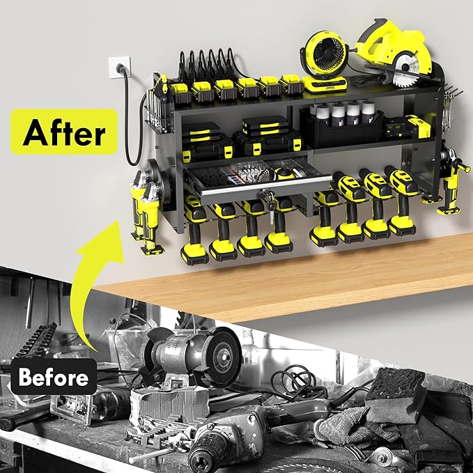 KSVO Power Tool Organizer Wall Mount with Drill Holder, Grinder Bracket, Hammer and Pliers, Locking Drawer, 6-Outlet Charging