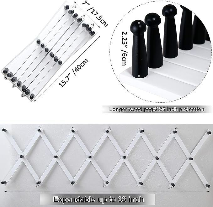 WEBI Accordion Wall Hanger,Expandable Wooden Coat Rack,Accordion Hat Rack for Wall for Hats,20 Peg Hooks,Black White,2 Packs