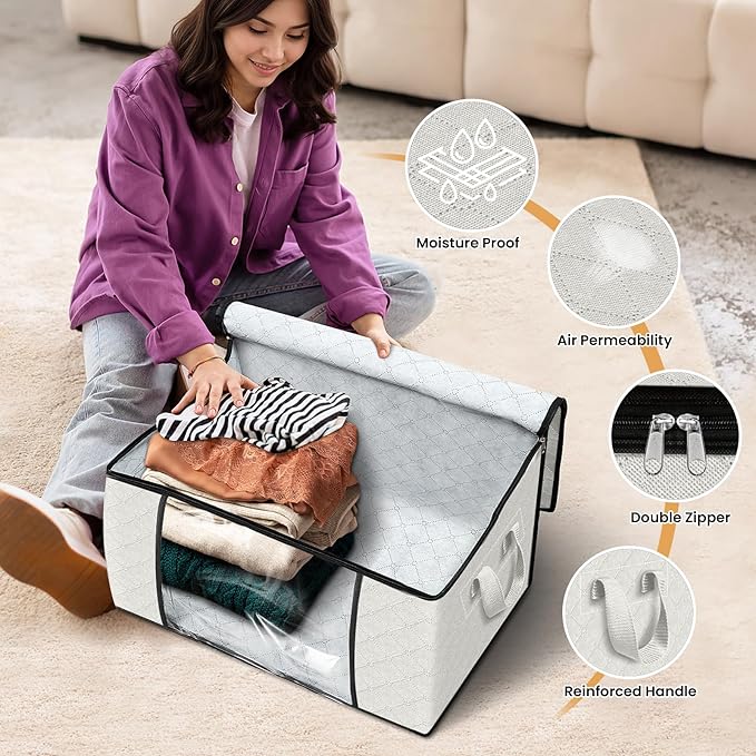 Fab totes 3 Pack Clothes Storage, Foldable Thick Fabric Blanket Storage Bags, Containers for Organizing Bedroom, Closet, Clot